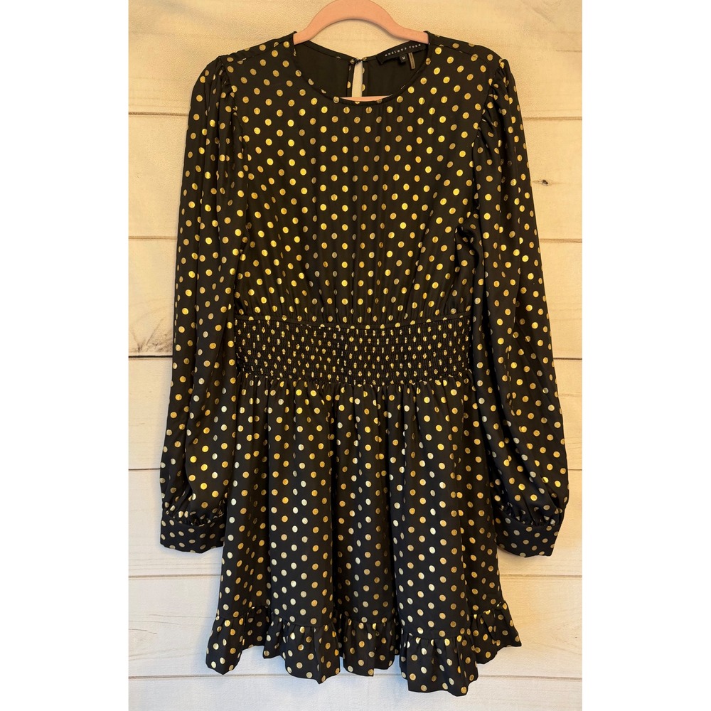 Endless Rose Black Gold Metallic Polka Dot Smocked Waist Ruffle Mini Dress M
